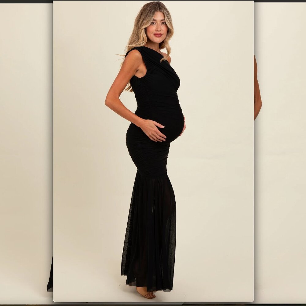Pink Blush Black Ruched Mesh One Shoulder Maternity Maxi Dress: Party/Formal